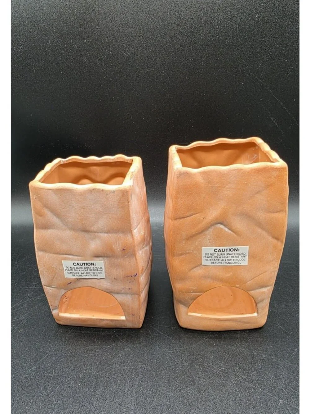 Russ Jack-O-Lantern Terracotta Paper Bag Pumpkin Candleholder Pair Halloween Vtg
